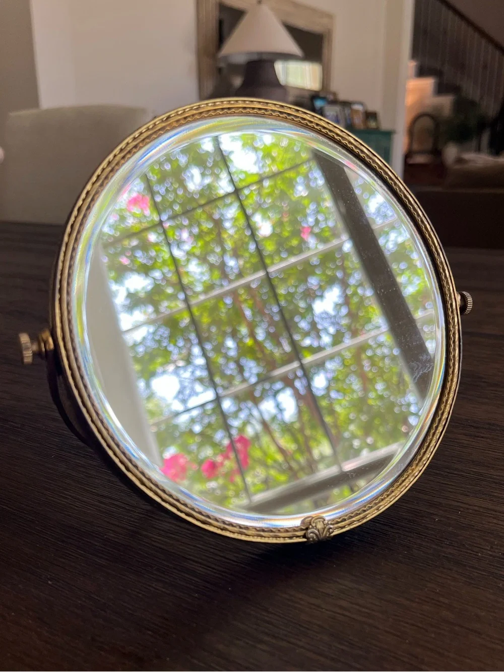 Vintage | Gold Brass Filagree Hinged Vanity Mirror | Double-Sided | Beveled